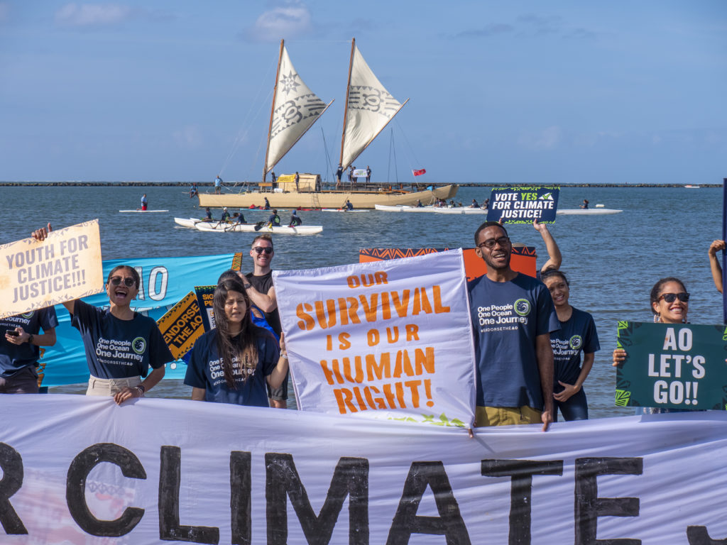 Image showing young people holding climate protest signs in front of an ocean with canoes